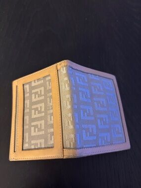 Fendi Beige Logo Card Holder with Tan Leather Trim